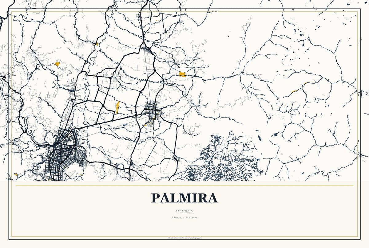 Palmira, Colombia City Map Aluminum Sign in Citrine Modern style
