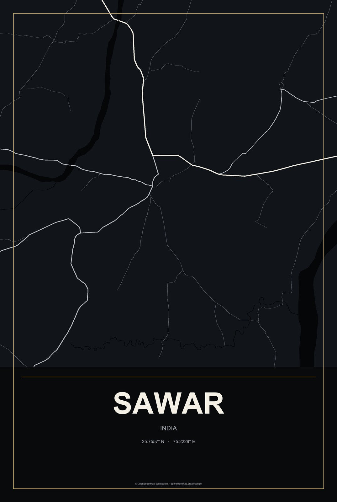 Sawar, India City Map Aluminum Sign in Metropolitan Noir style