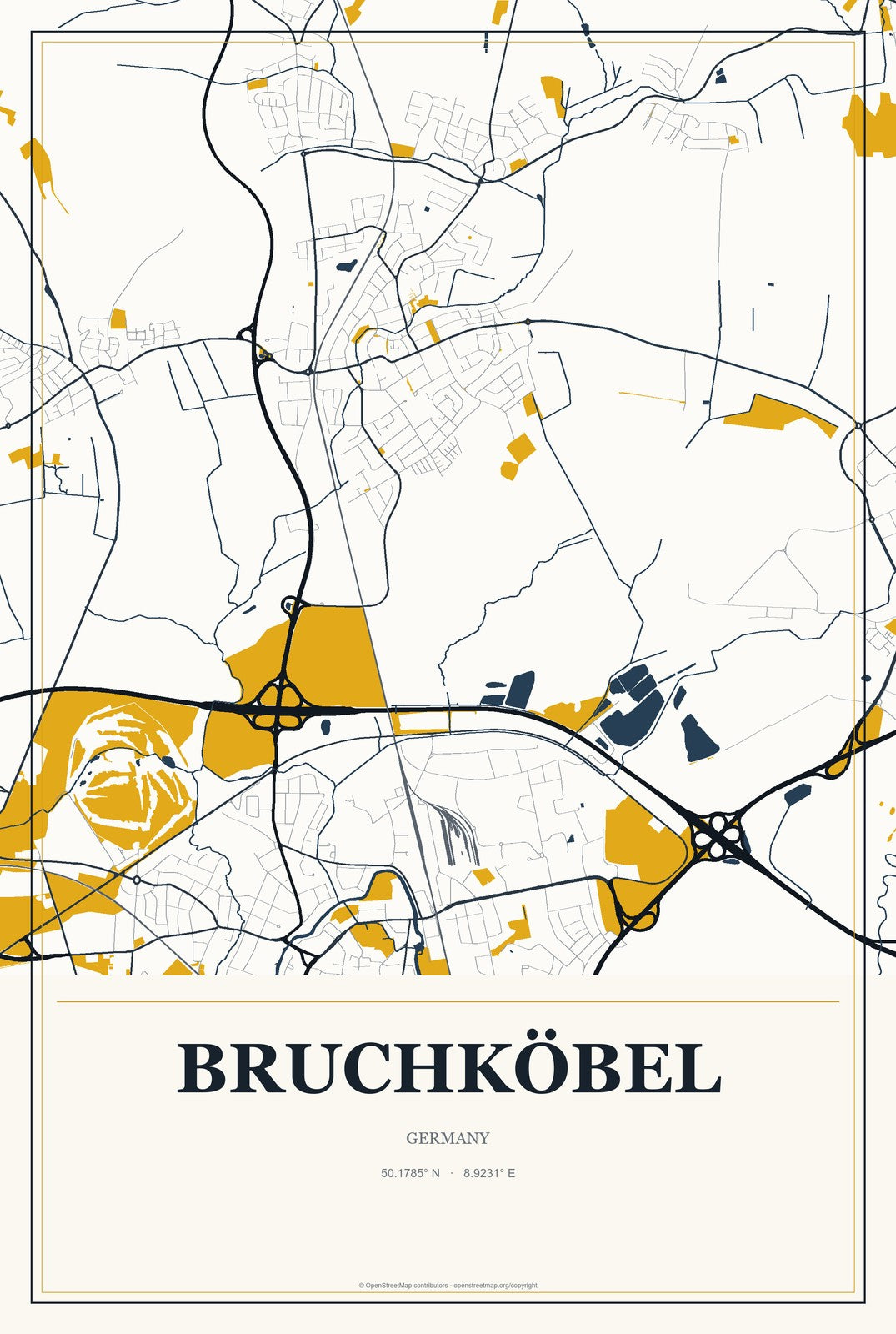 Bruchköbel, Germany City Map Aluminum Sign in Citrine Modern style
