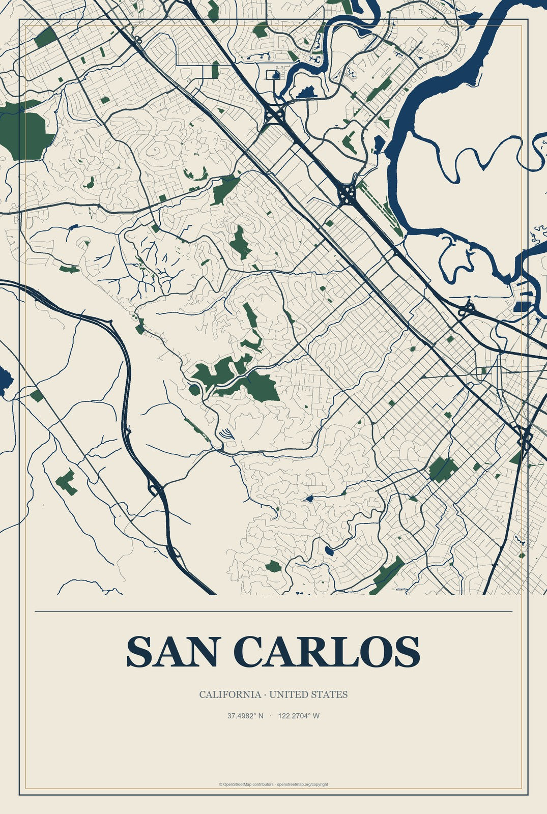 San Carlos, California City Map Aluminum Sign in Coastal Cutout style
