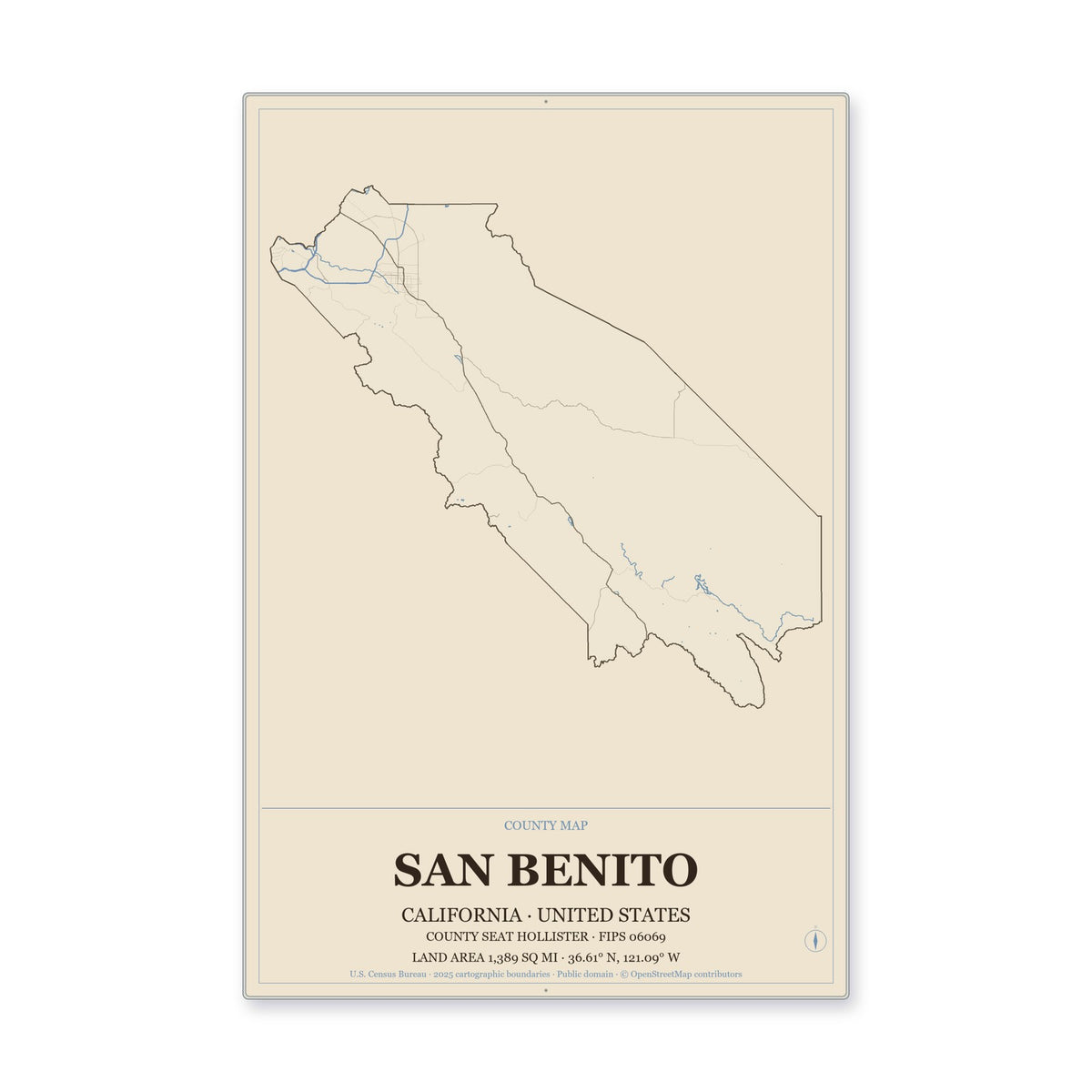 San Benito County, California Map Aluminum Sign in Heritage Nautical style