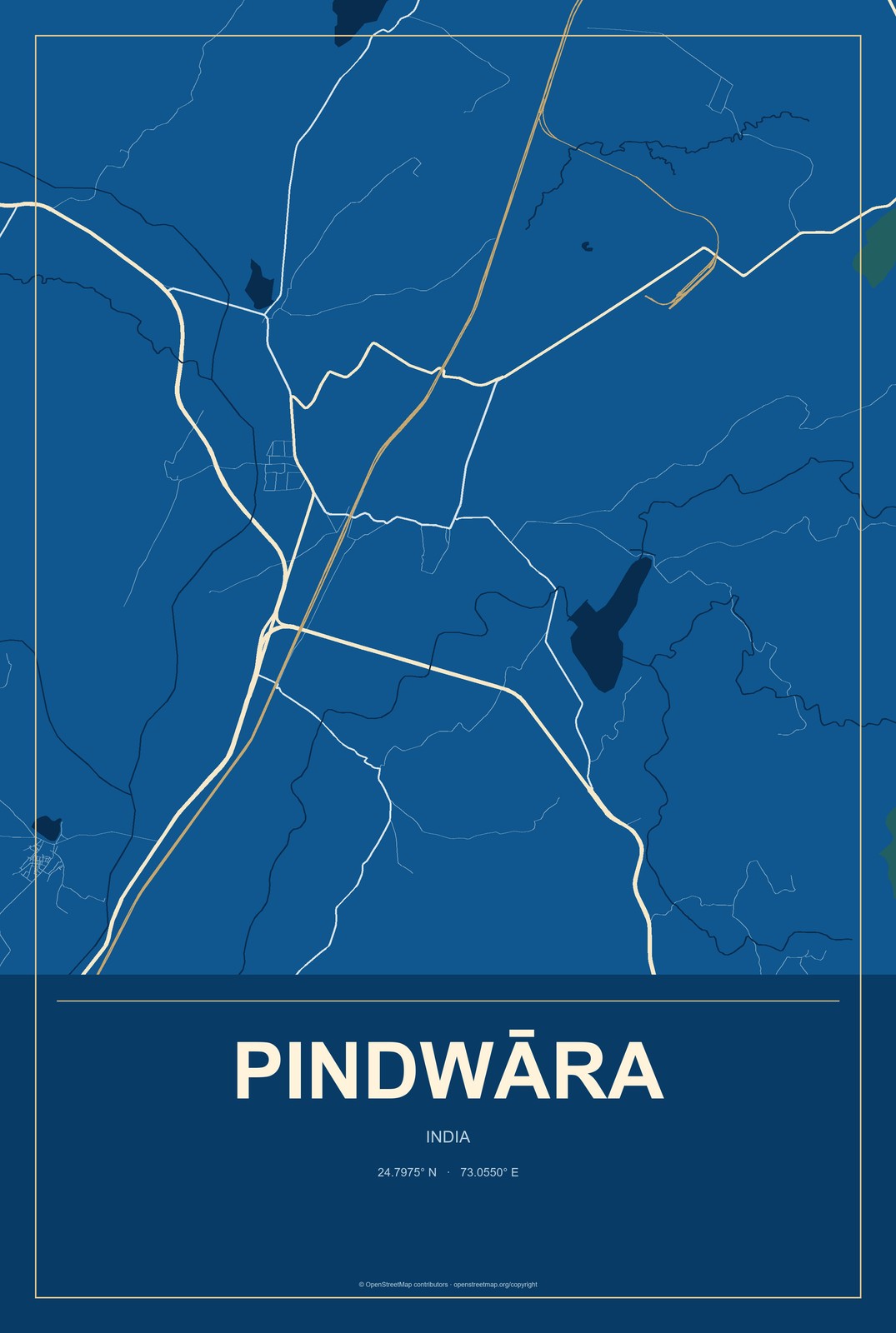 Pindwāra, India City Map Aluminum Sign in Harbor Cobalt style