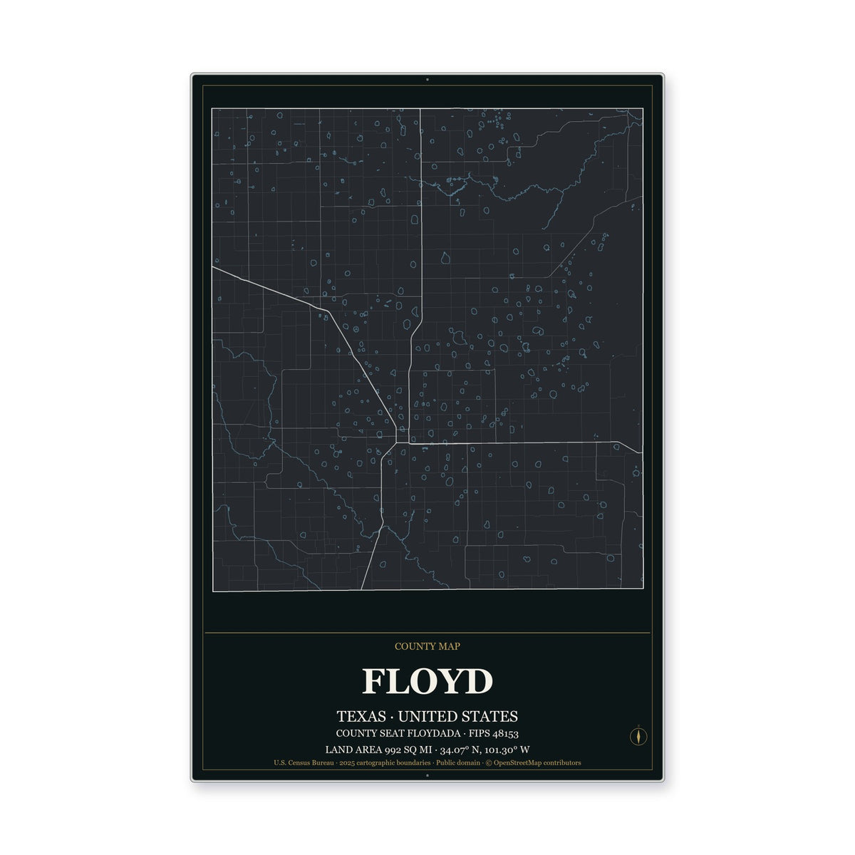 Floyd County, Texas Map Aluminum Sign in Metropolitan Noir style