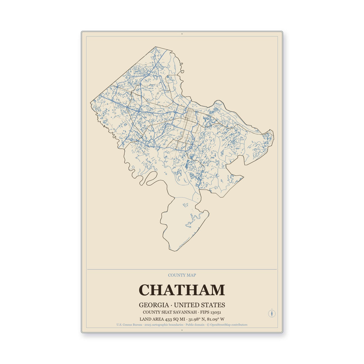 Chatham County, Georgia Map Aluminum Sign in Heritage Nautical style