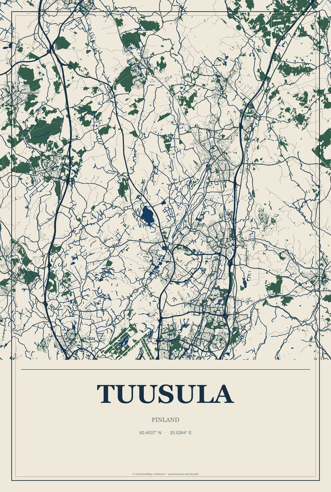 Tuusula, Finland City Map Aluminum Sign in Coastal Cutout style