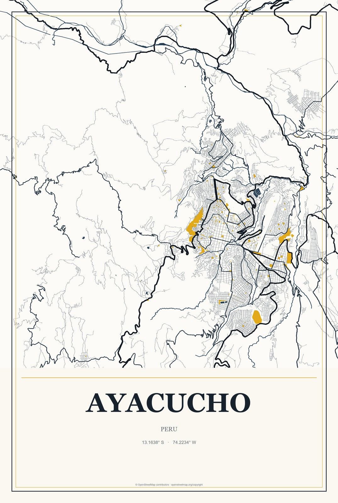 Ayacucho, Peru City Map Aluminum Sign in Citrine Modern style