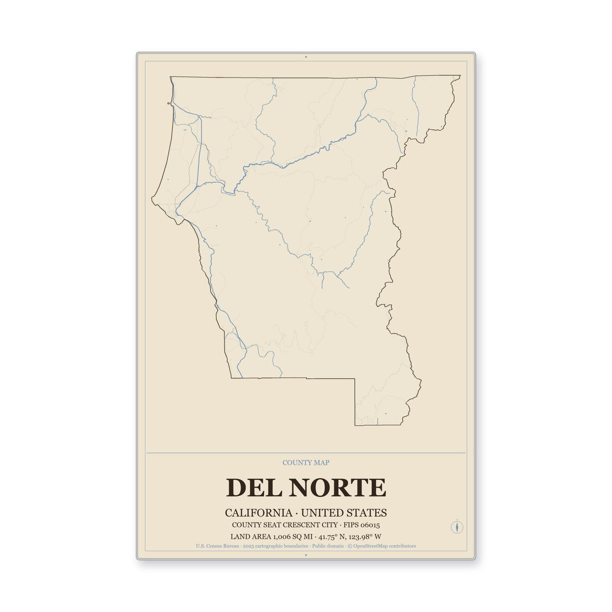 Del Norte County, California Map Aluminum Sign in Heritage Nautical style