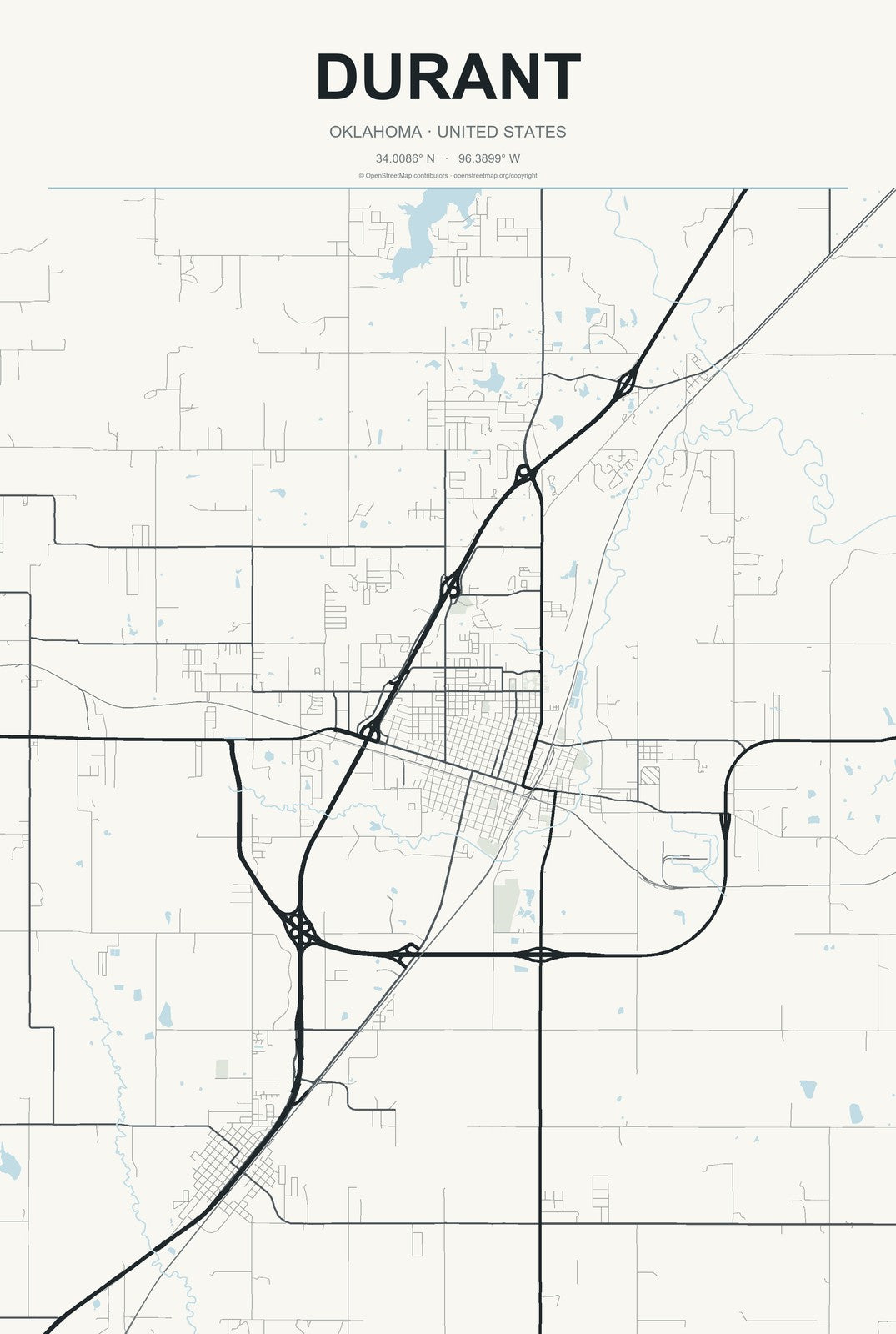Durant, Oklahoma City Map Aluminum Sign in Headline Atlas style