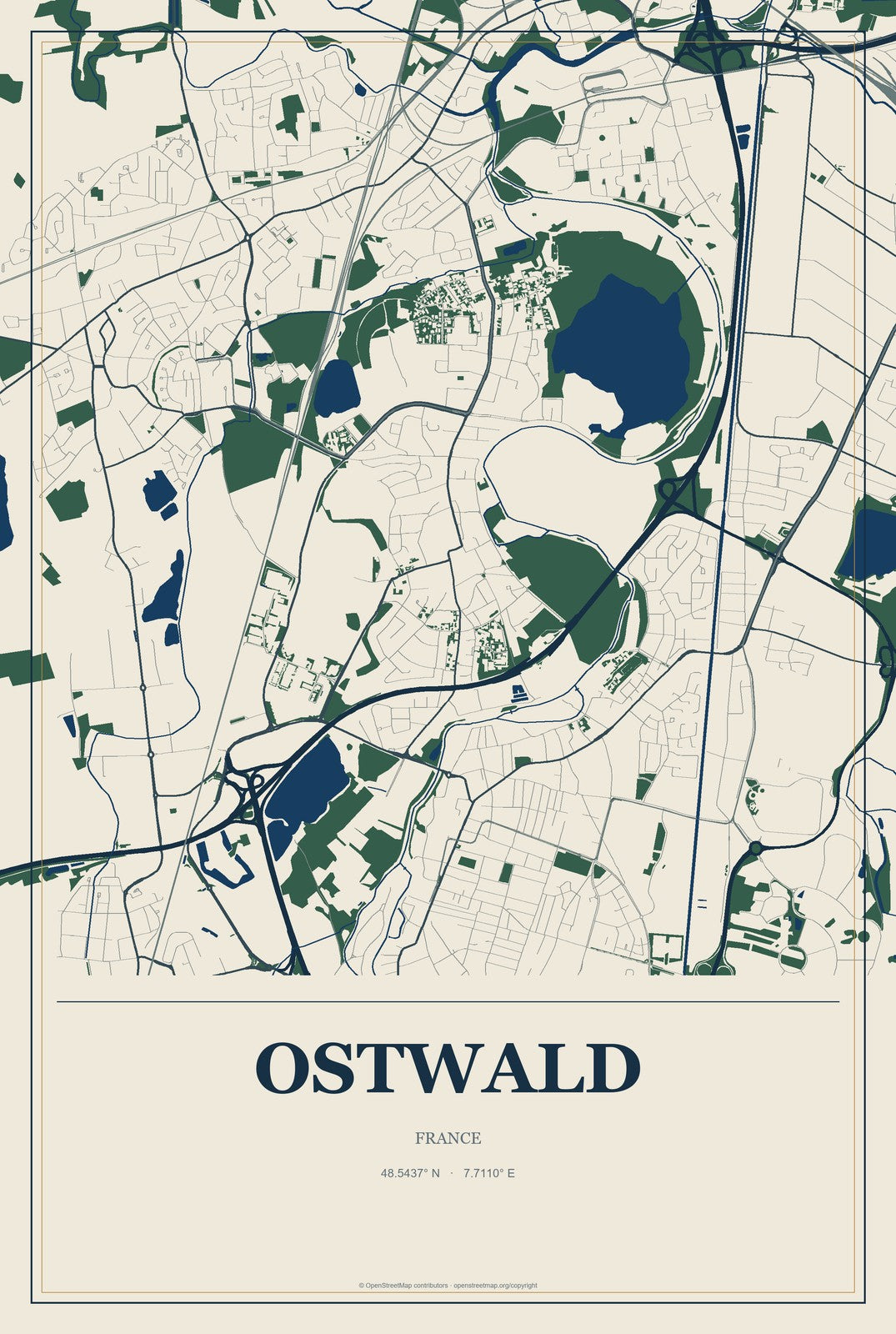 Ostwald, France City Map Aluminum Sign in Coastal Cutout style
