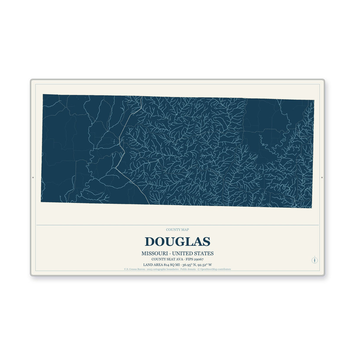 Douglas County, Missouri Map Aluminum Sign in Coastal Cutout style
