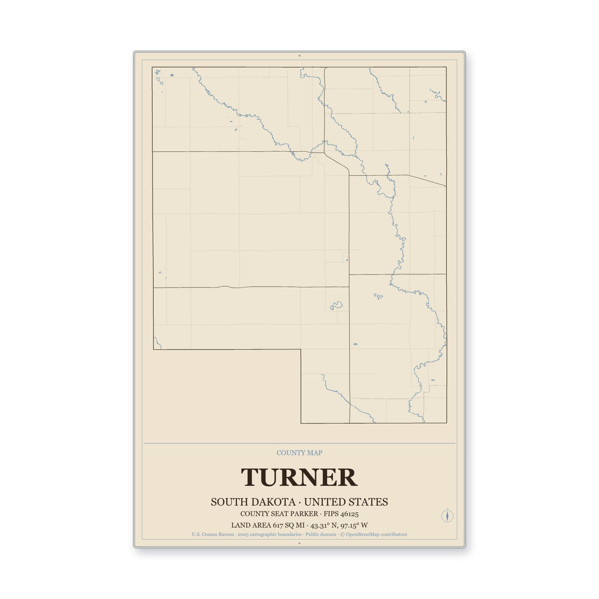 Turner County, South Dakota Map Aluminum Sign in Heritage Nautical style