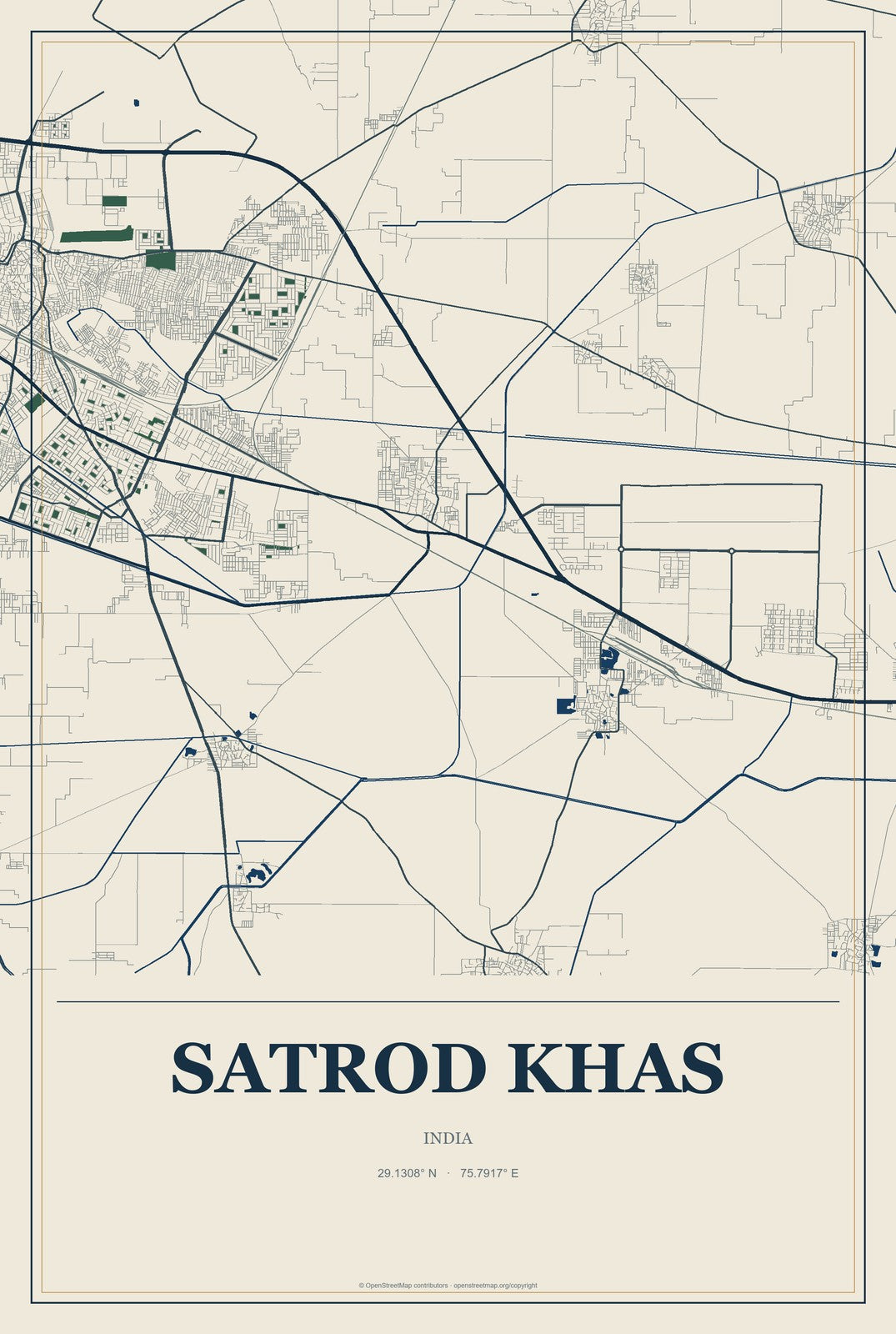 Satrod Khas, India City Map Aluminum Sign in Coastal Cutout style
