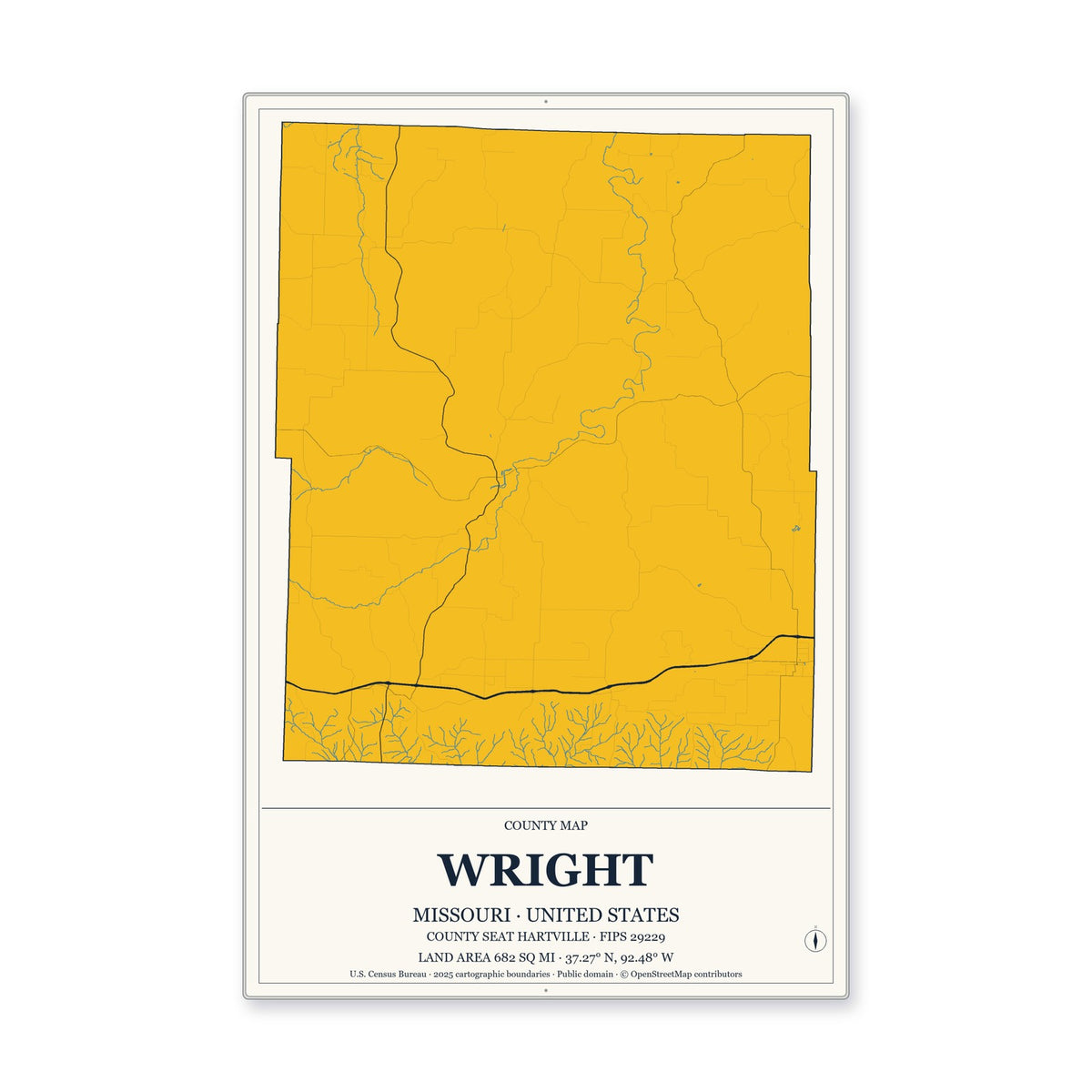 Wright County, Missouri Map Aluminum Sign in Citrine Modern style