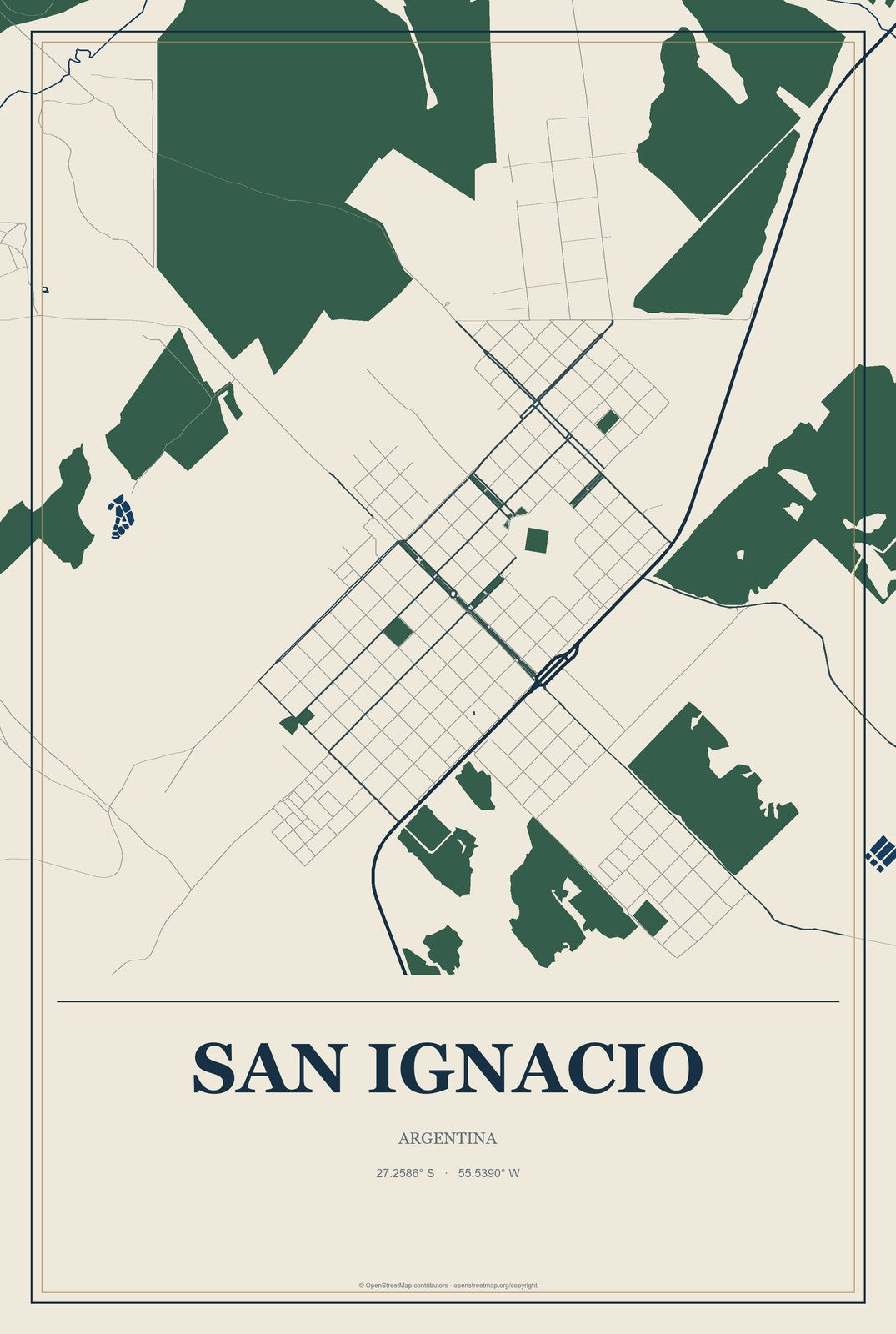 San Ignacio, Argentina City Map Aluminum Sign in Coastal Cutout style