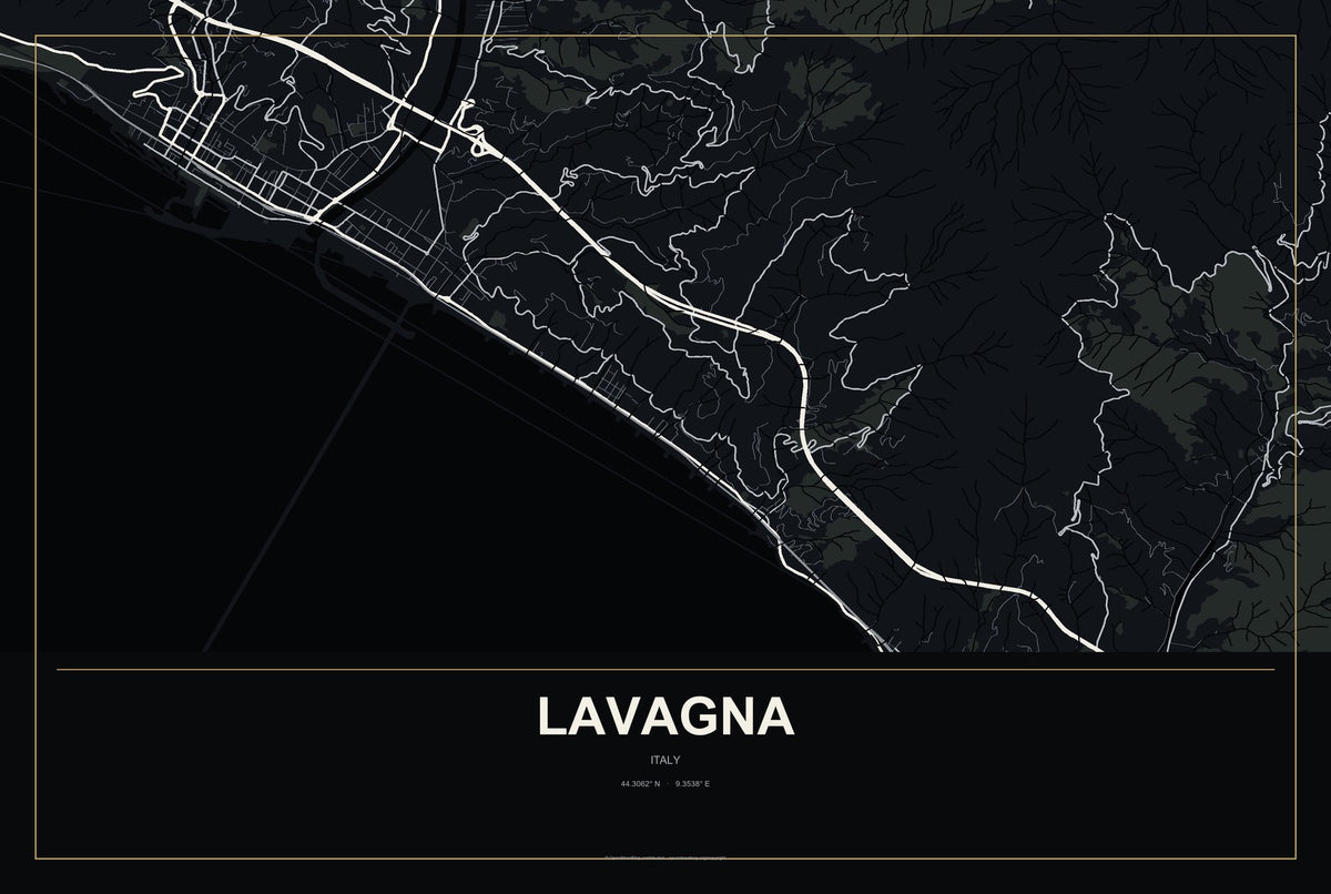 Lavagna, Italy City Map Aluminum Sign in Metropolitan Noir style