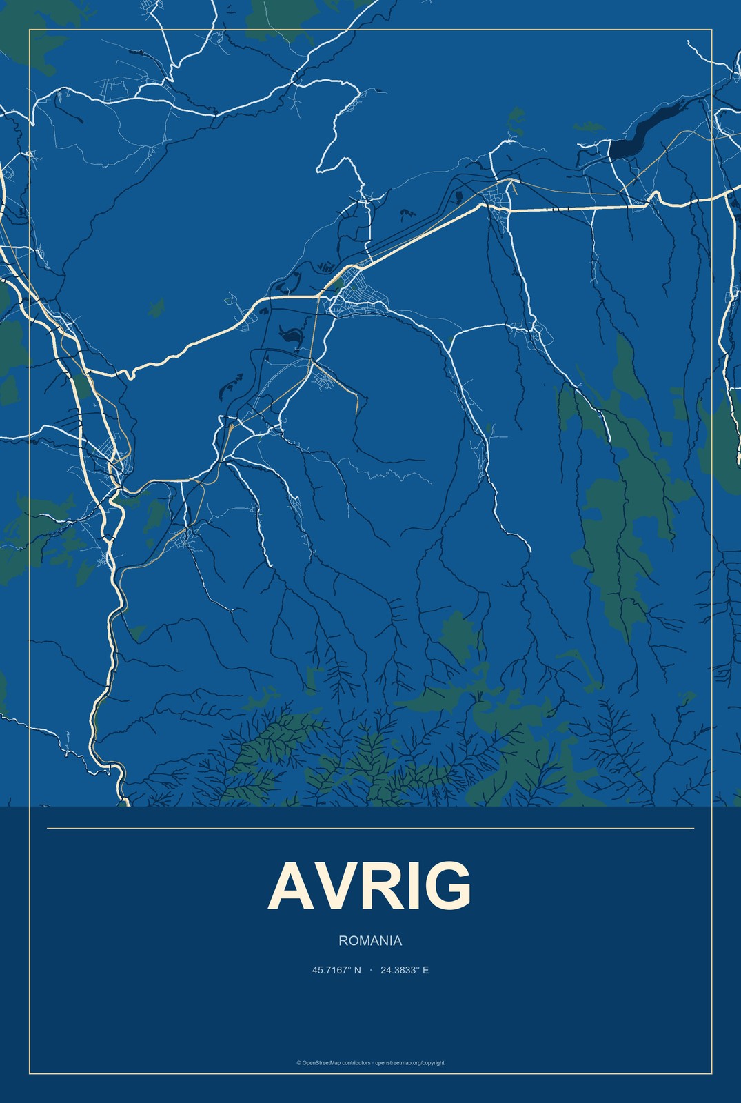 Avrig, Romania City Map Aluminum Sign in Harbor Cobalt style