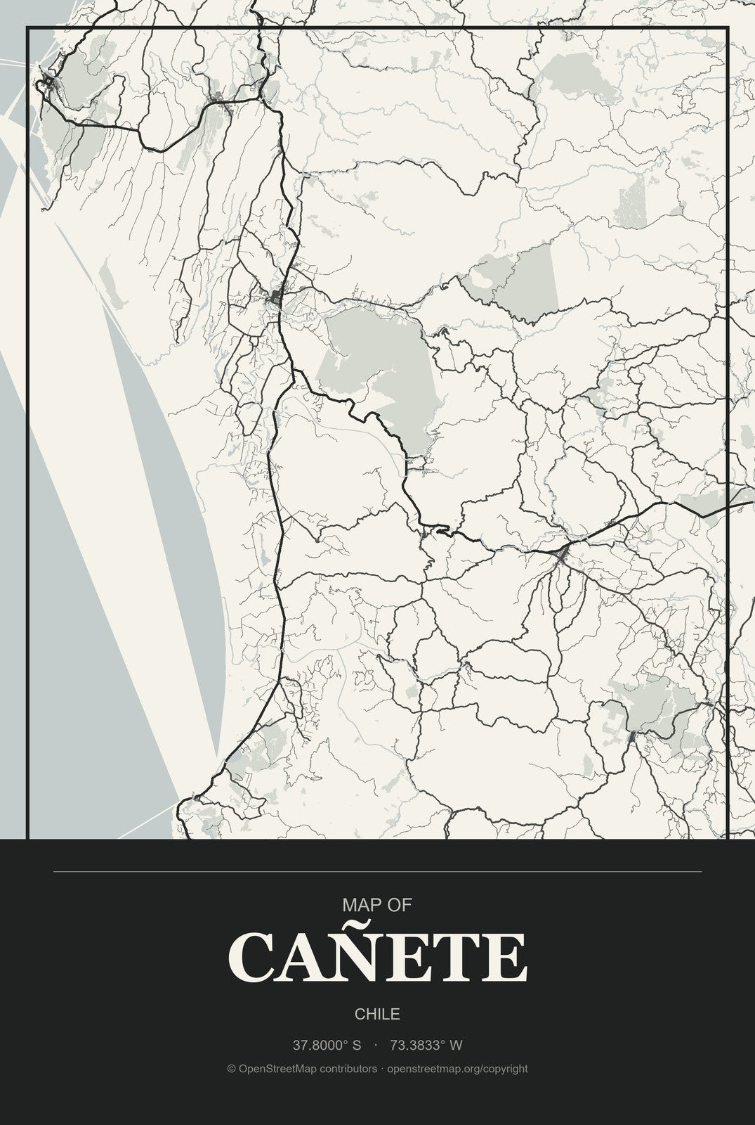 Cañete, Chile City Map Aluminum Sign in Museum Plaque style