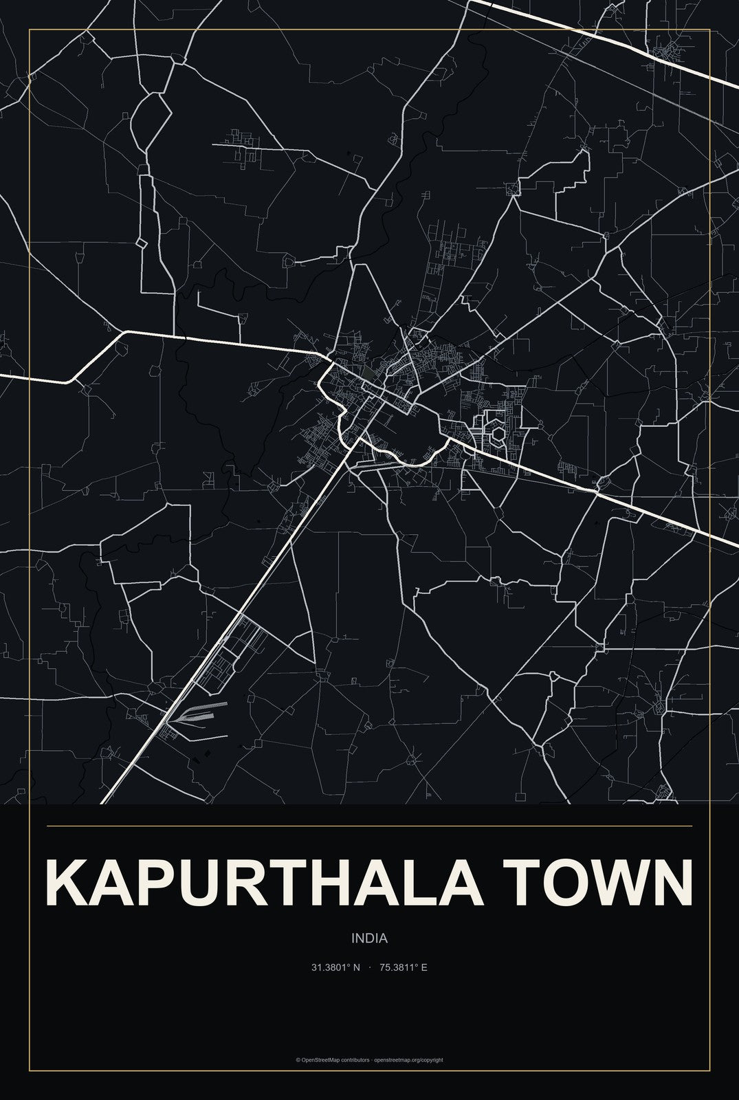 Kapurthala Town, India City Map Aluminum Sign in Metropolitan Noir style