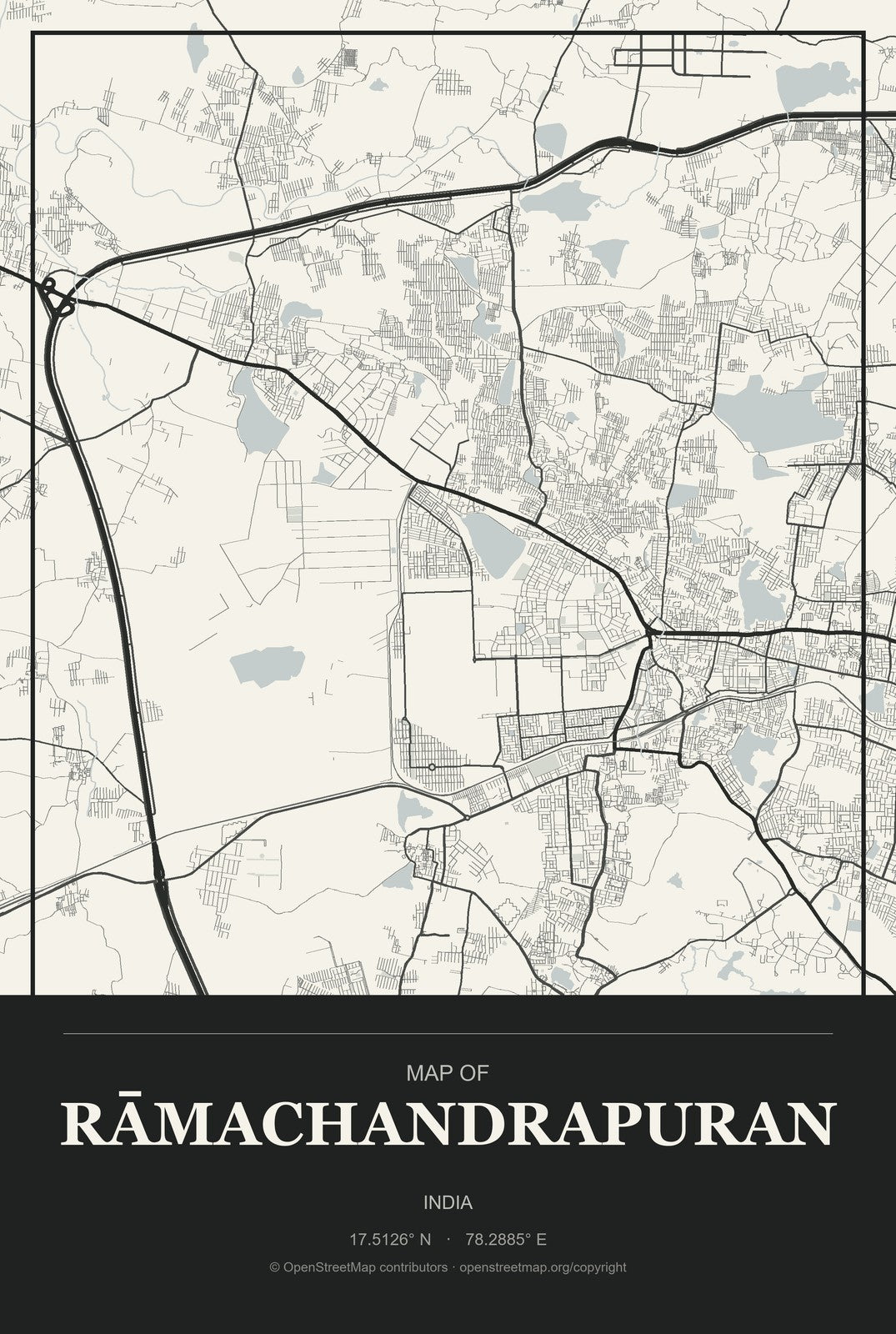 Rāmachandrapuran, India City Map Aluminum Sign in Museum Plaque style