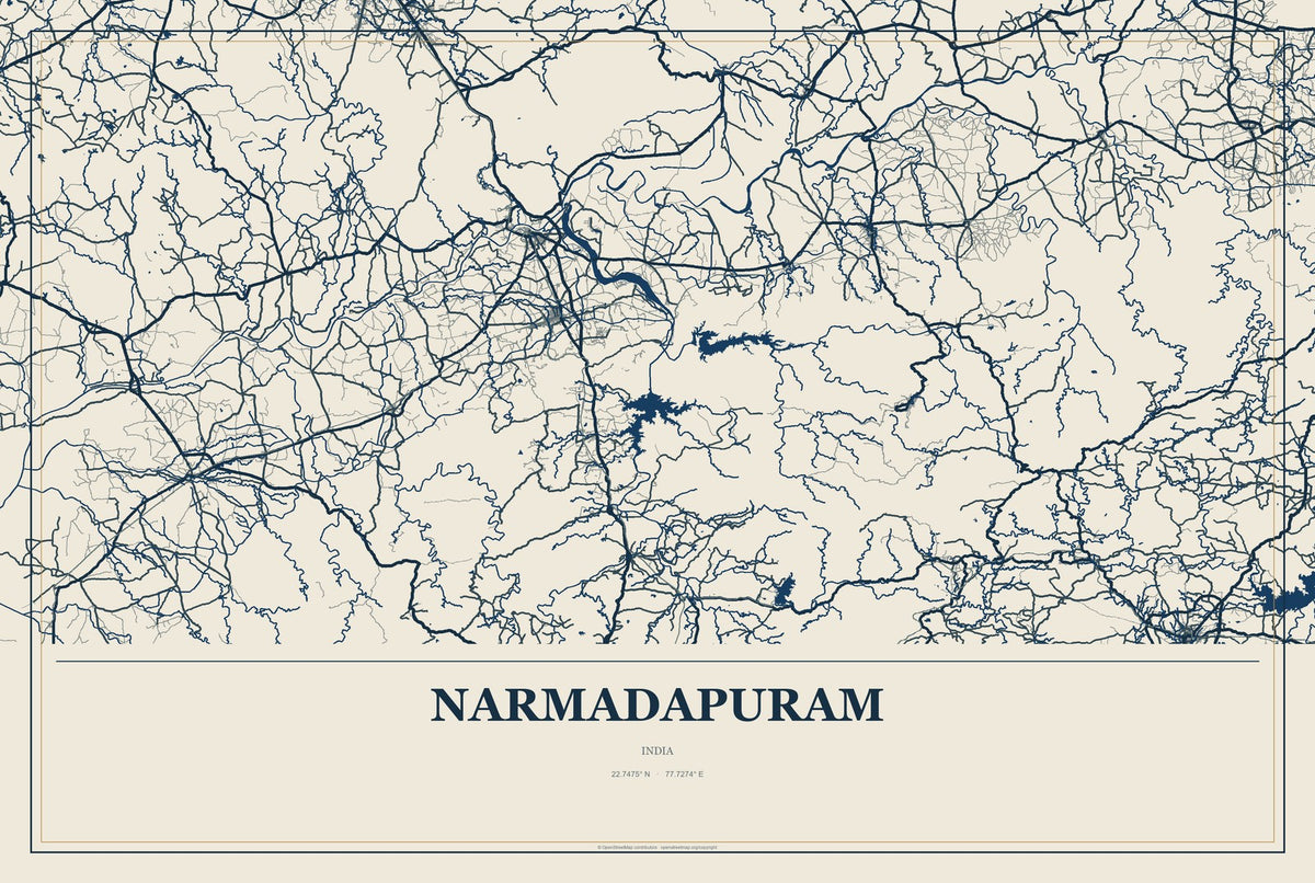 Narmadapuram, India City Map Aluminum Sign in Coastal Cutout style