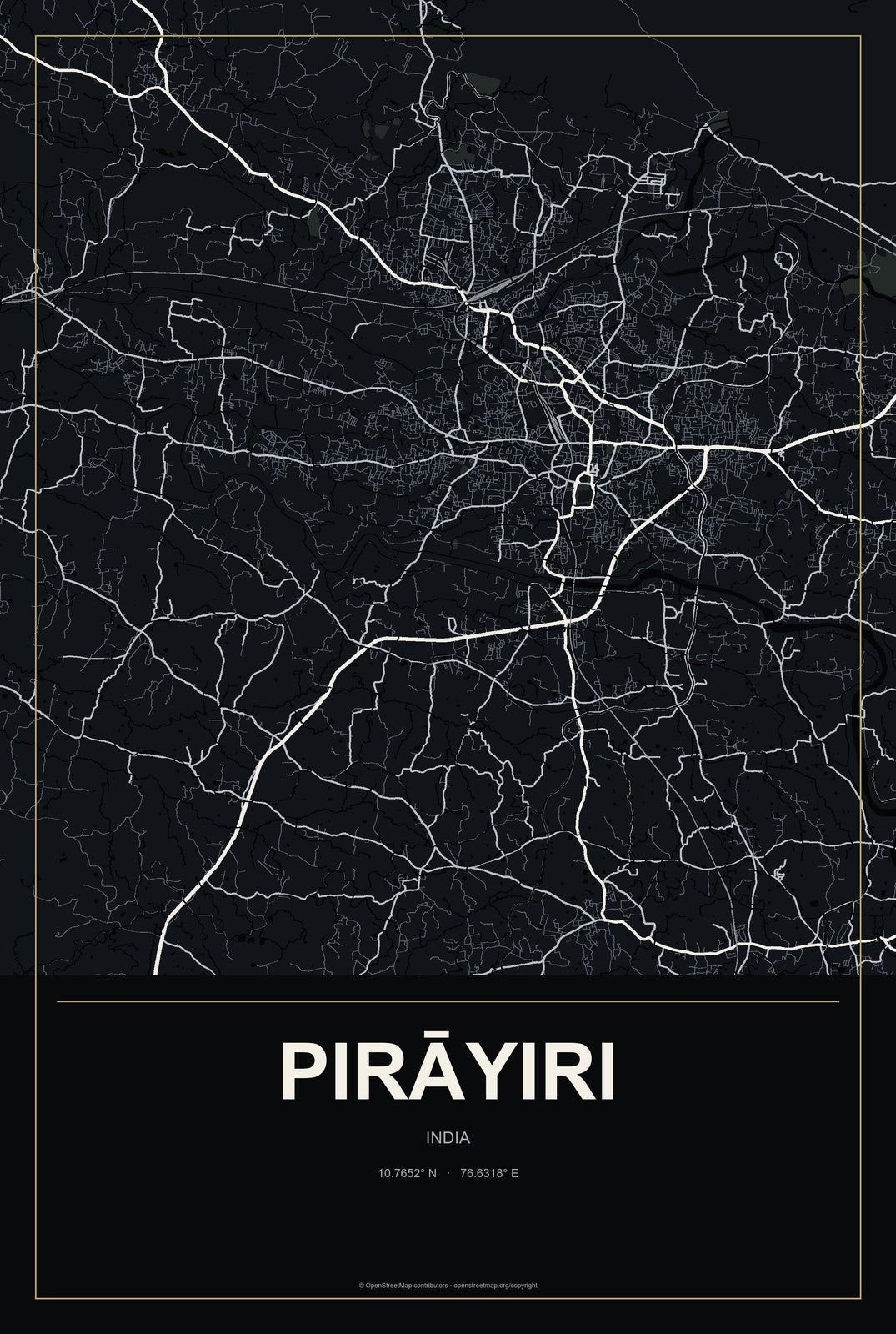 Pirāyiri, India City Map Aluminum Sign in Metropolitan Noir style