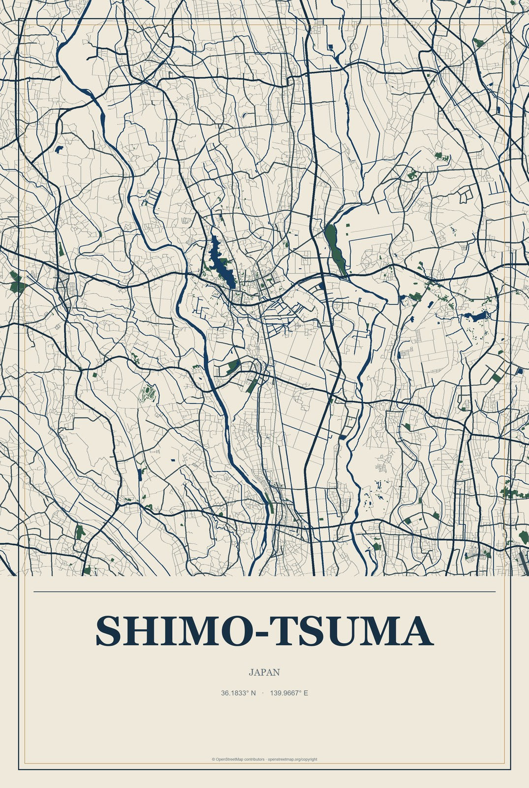 Shimo-tsuma, Japan City Map Aluminum Sign in Coastal Cutout style