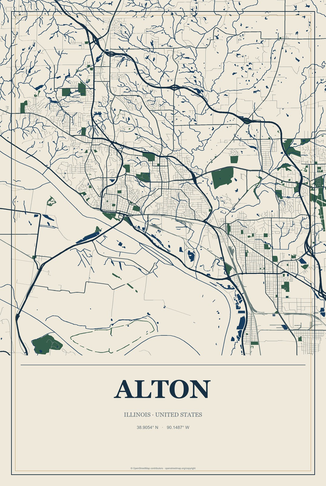 Alton, Illinois City Map Aluminum Sign in Coastal Cutout style