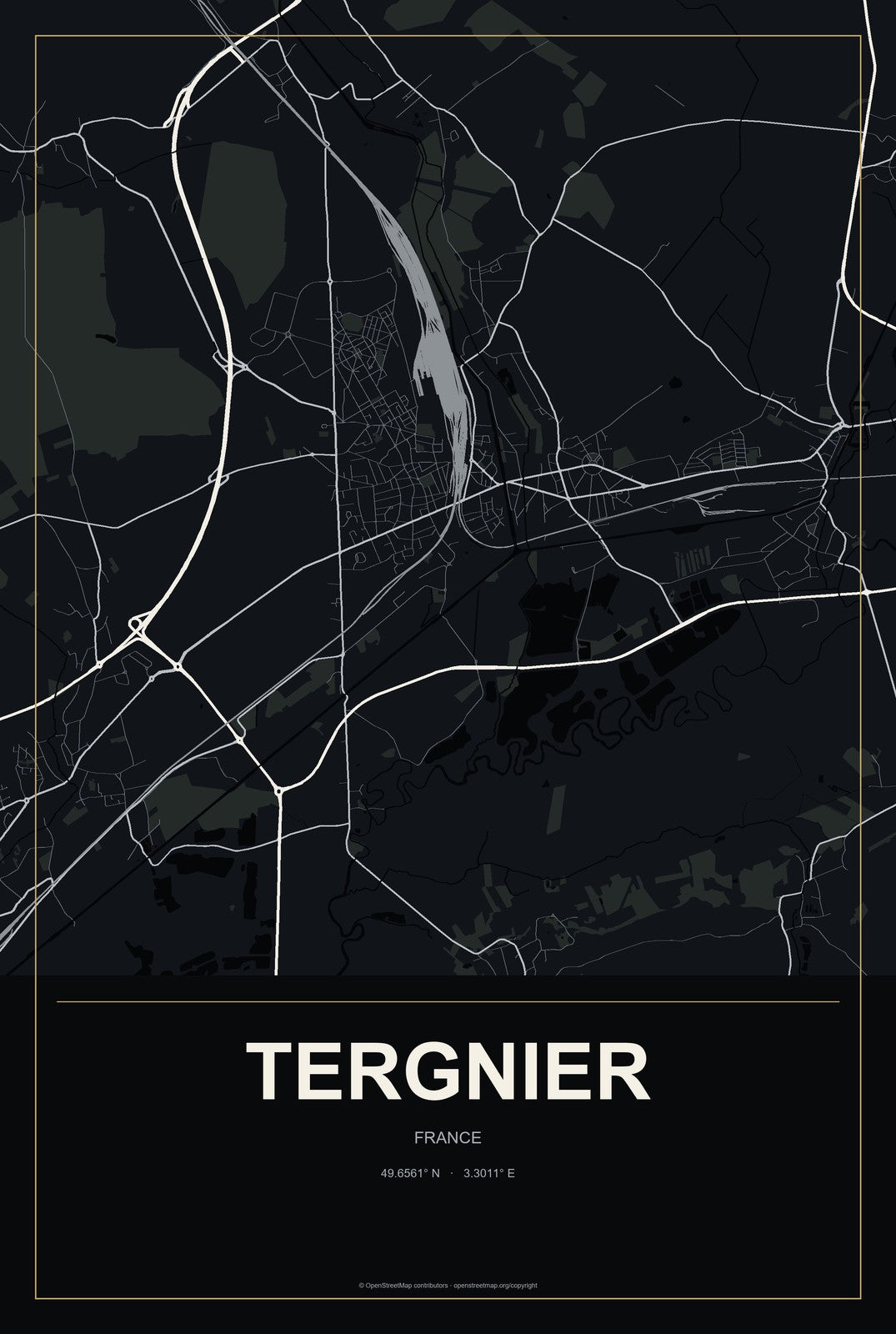 Tergnier, France City Map Aluminum Sign in Metropolitan Noir style