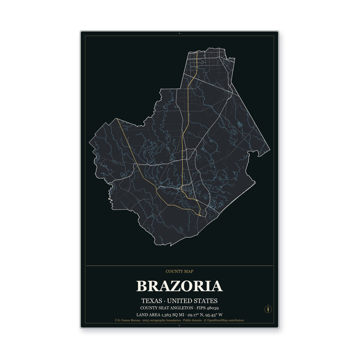 Brazoria County, Texas Map Aluminum Sign in Metropolitan Noir style