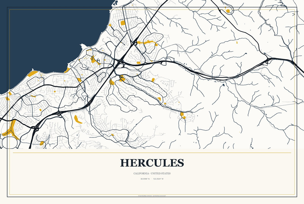 Hercules, California City Map Aluminum Sign in Citrine Modern style