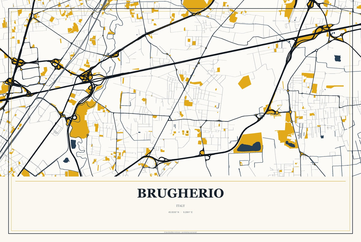Brugherio, Italy City Map Aluminum Sign in Citrine Modern style