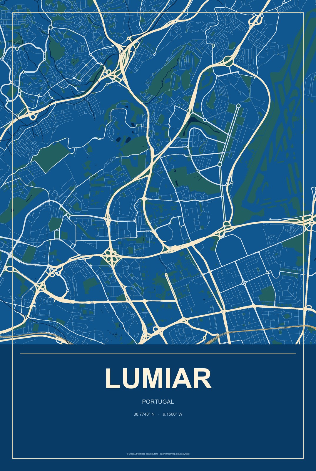 Lumiar, Portugal City Map Aluminum Sign in Harbor Cobalt style