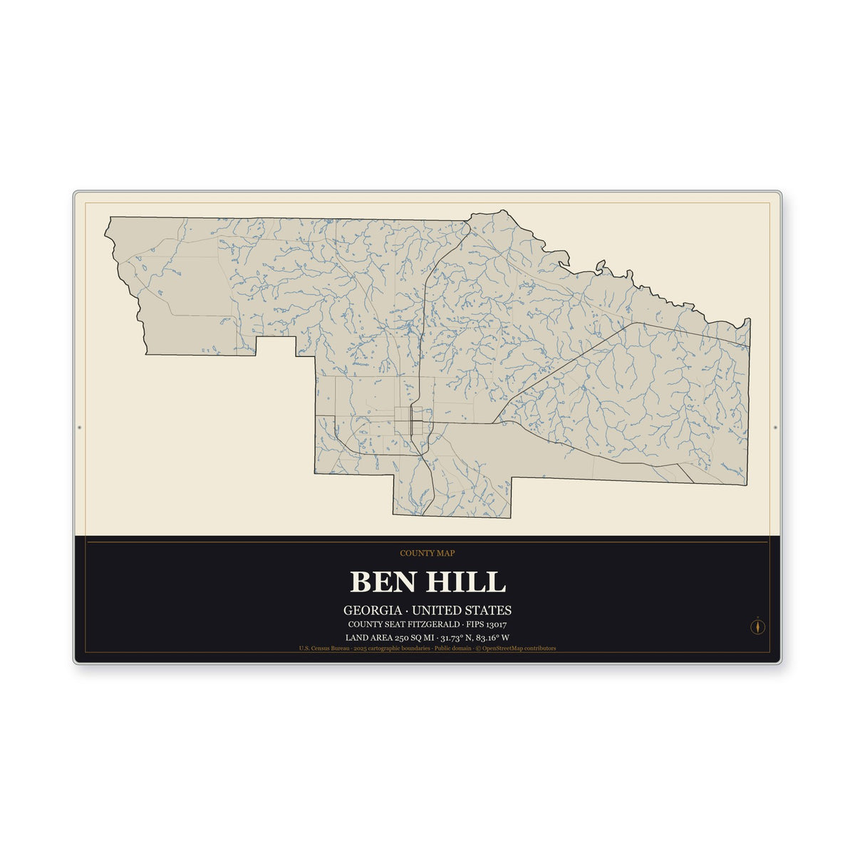 Ben Hill County, Georgia Map Aluminum Sign in Museum Plaque style