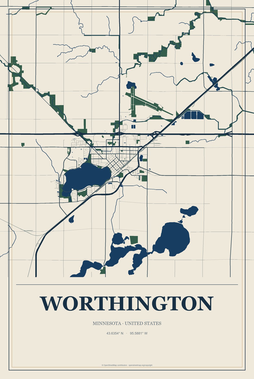 Worthington, Minnesota City Map Aluminum Sign in Coastal Cutout style