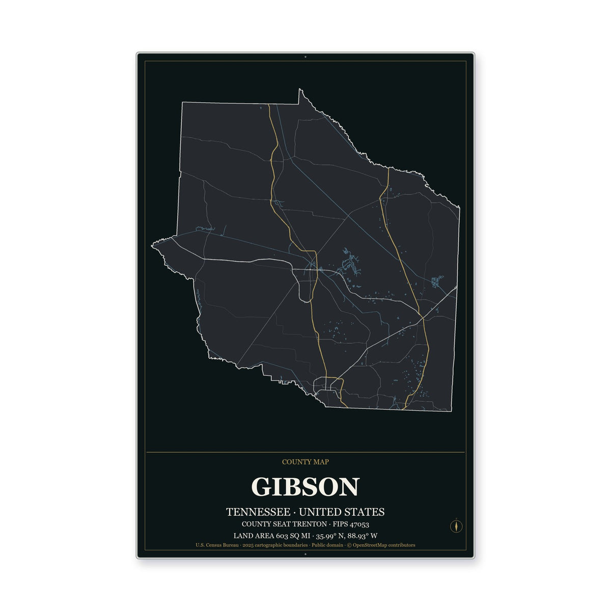 Gibson County, Tennessee Map Aluminum Sign in Metropolitan Noir style
