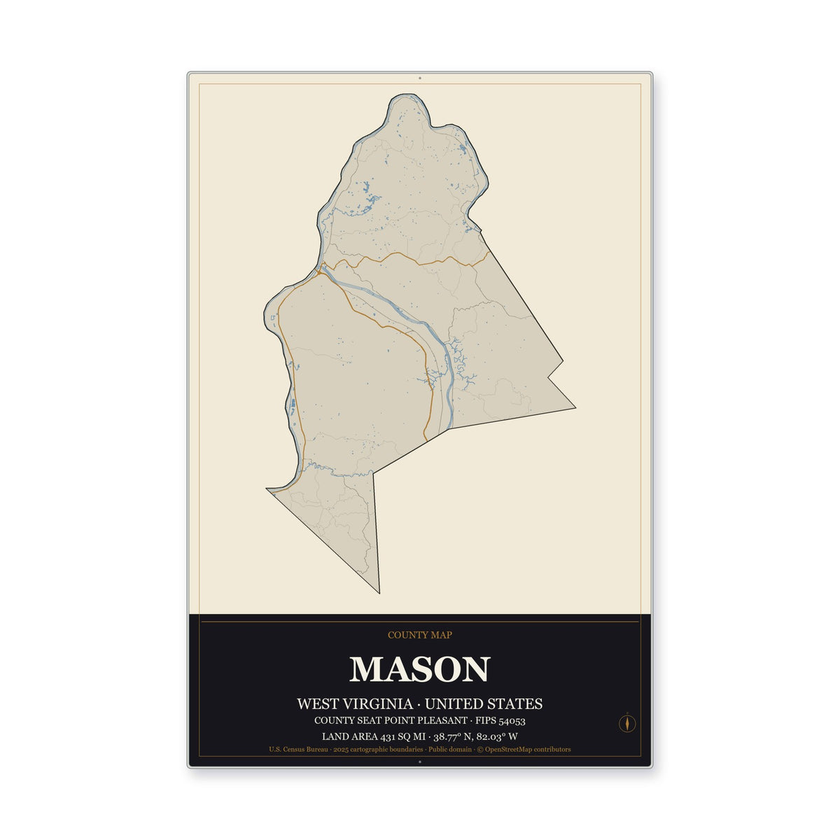 Mason County, West Virginia Map Aluminum Sign in Museum Plaque style