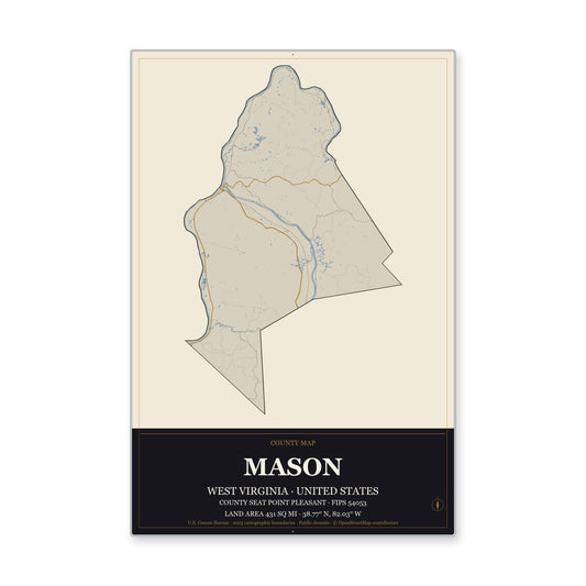 Mason County, West Virginia Map Aluminum Sign in Museum Plaque style