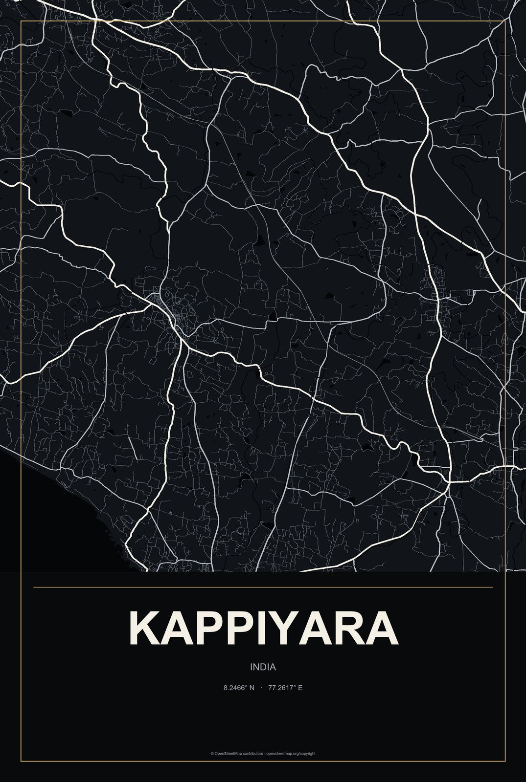 Kappiyara, India City Map Aluminum Sign in Metropolitan Noir style