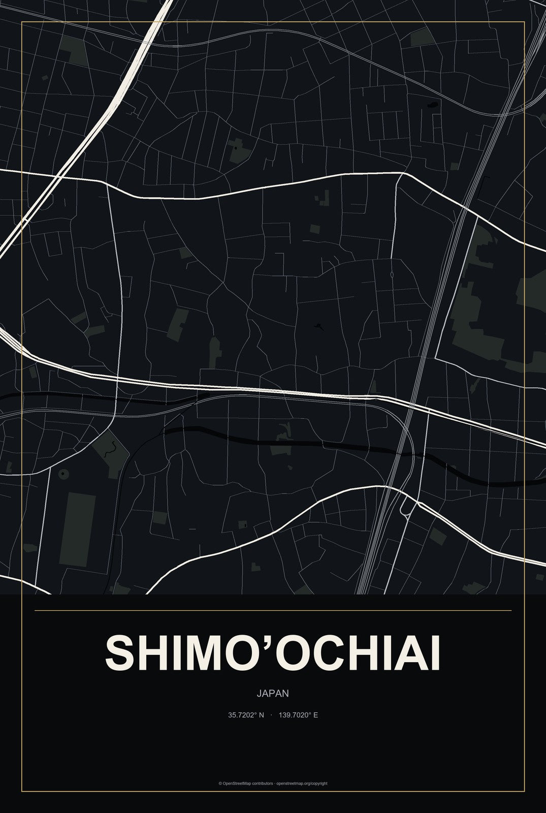 Shimo’ochiai, Japan City Map Aluminum Sign in Metropolitan Noir style