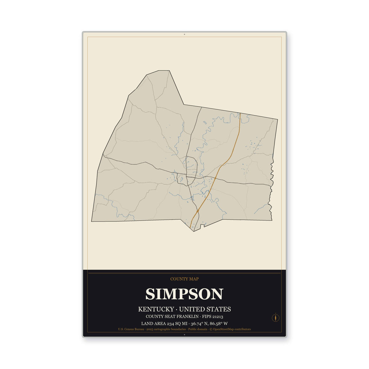 Simpson County, Kentucky Map Aluminum Sign in Museum Plaque style