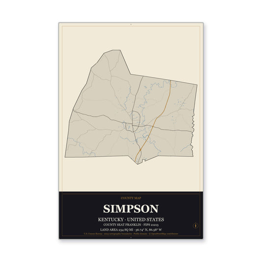 Simpson County, Kentucky Map Aluminum Sign in Museum Plaque style