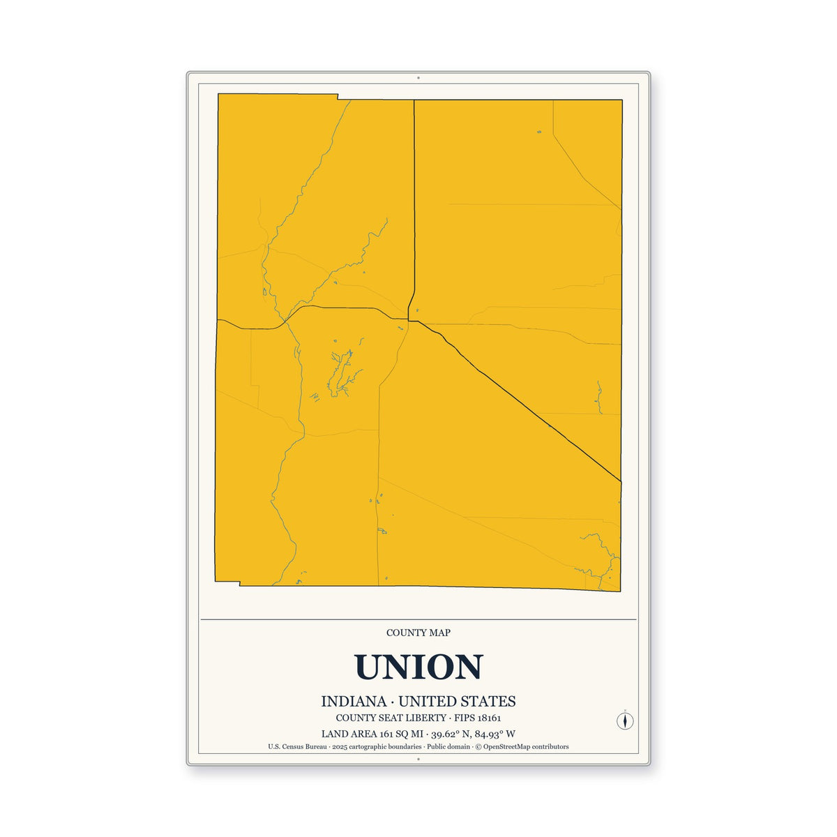 Union County, Indiana Map Aluminum Sign in Citrine Modern style