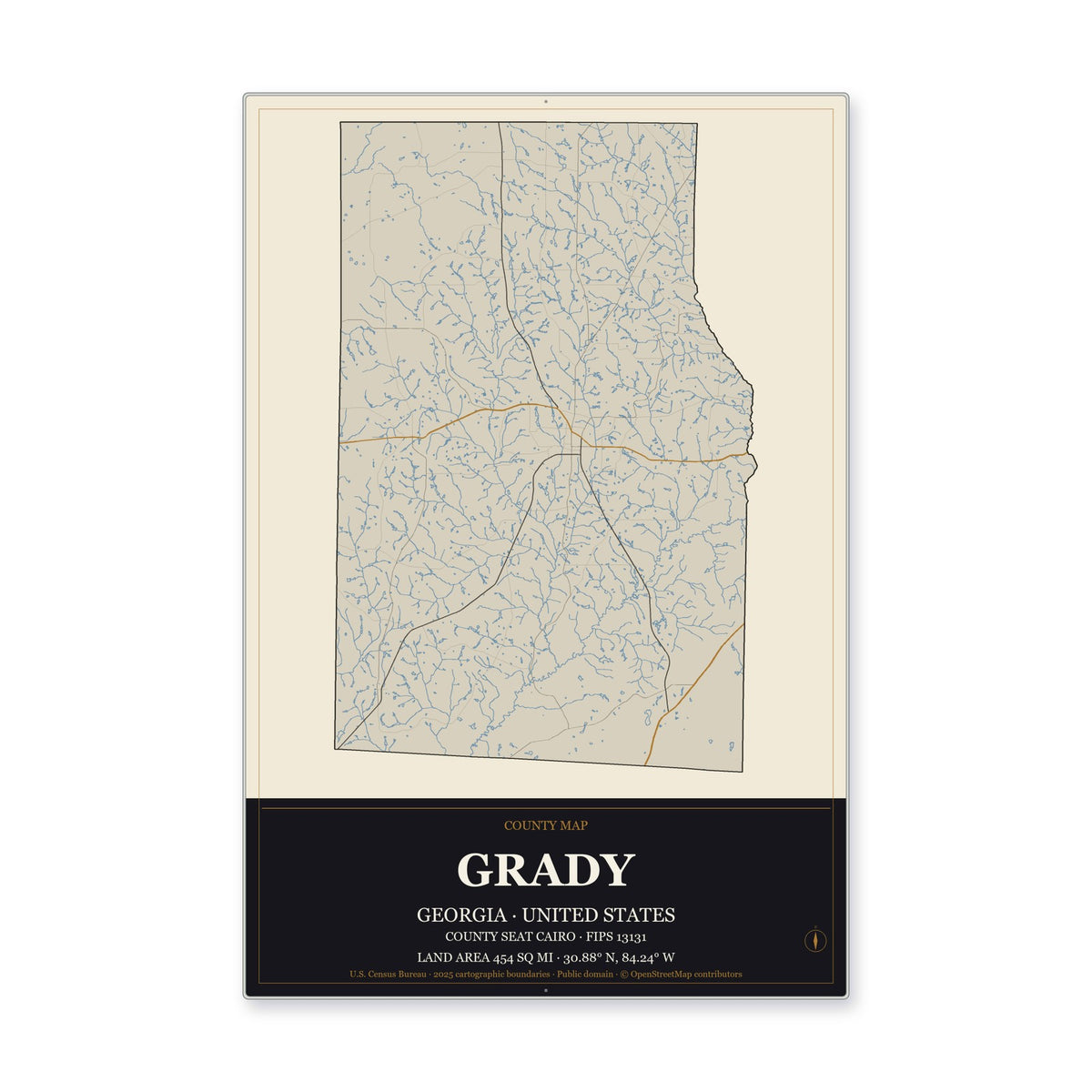 Grady County, Georgia Map Aluminum Sign in Museum Plaque style