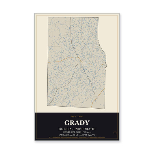 Grady County, Georgia Map Aluminum Sign in Museum Plaque style