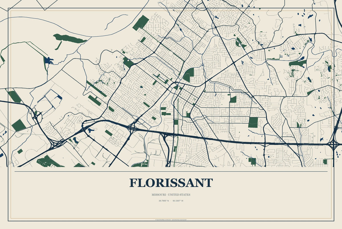 Florissant, Missouri City Map Aluminum Sign in Coastal Cutout style