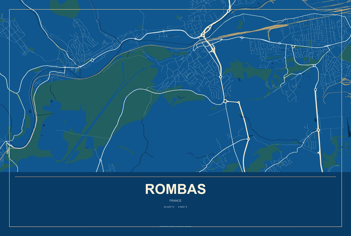 Rombas, France City Map Aluminum Sign in Harbor Cobalt style