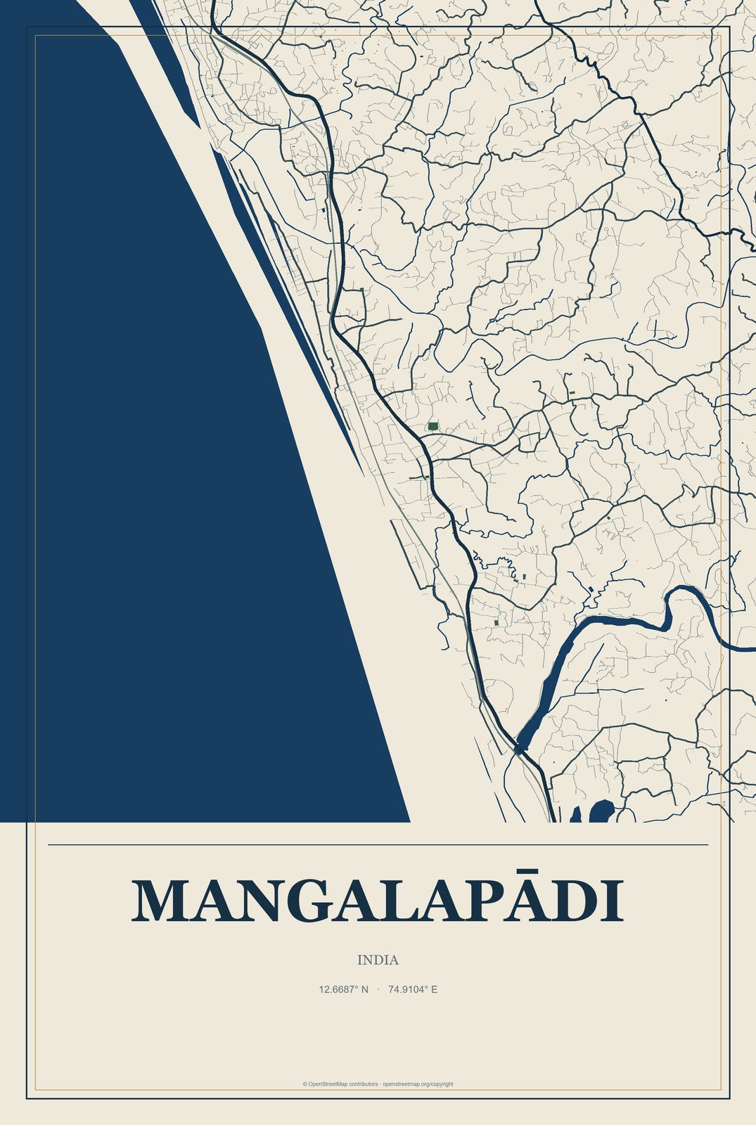 Mangalapādi, India City Map Aluminum Sign in Coastal Cutout style