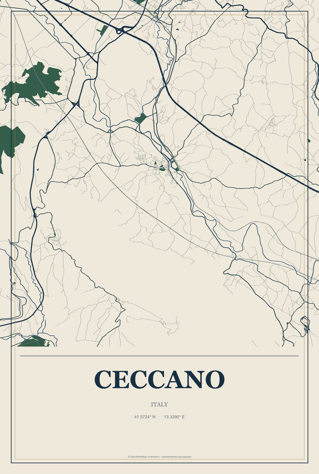 Ceccano, Italy City Map Aluminum Sign in Coastal Cutout style