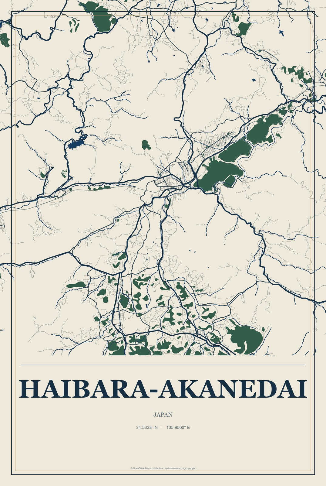 Haibara-akanedai, Japan City Map Aluminum Sign in Coastal Cutout style