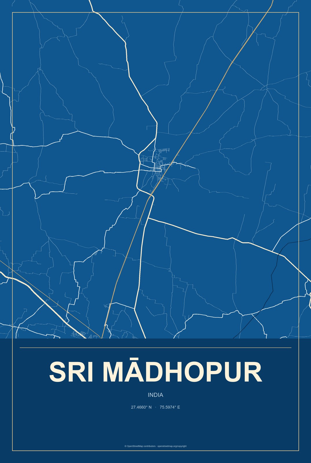Sri Mādhopur, India City Map Aluminum Sign in Harbor Cobalt style
